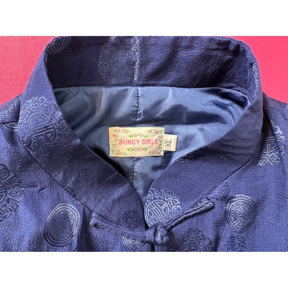 BUNGY GIRLS Blue Tang Jacket Sz XL Frog Button Medallion Jacquard Chinoiserie - Picture 3 of 12
